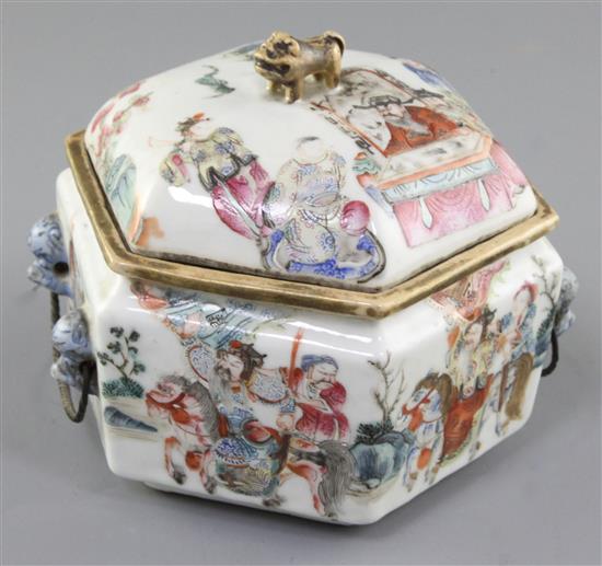 A Chinese famille rose hexagonal food warming vessel, cover and liner, Tongzhi mark and of the period (1862-74), width 16cm